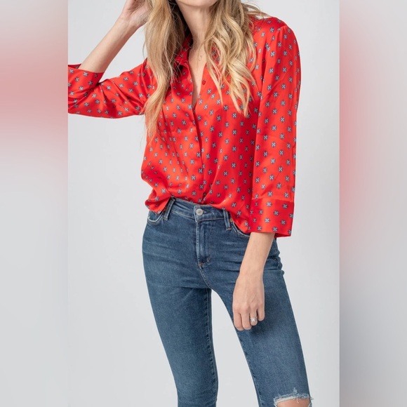 L'AGENCE Silk Jil Blouse in Royal Red Multi Maestro, size Large - Picture 1 of 13